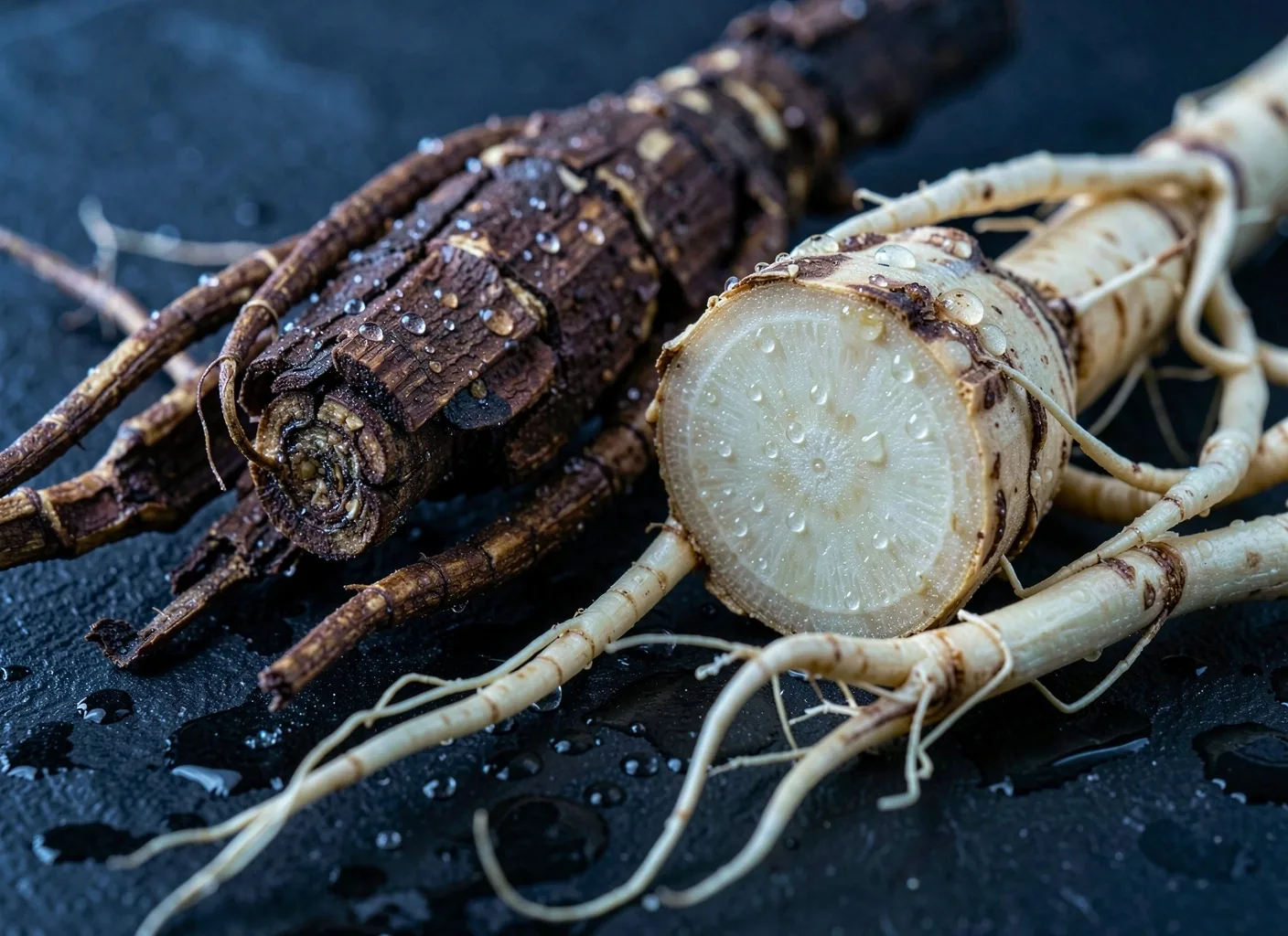 Macro photograph of raw botanical roots used in natural energy formulas
