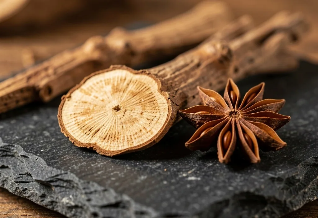 Dried botanical root ingredients on a dark surface