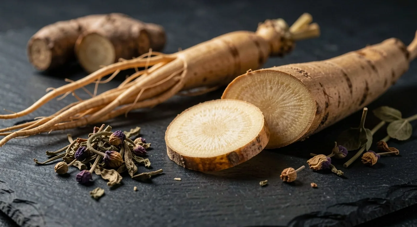 Macro photograph of raw botanical root ingredients used in natural men's wellness supplements