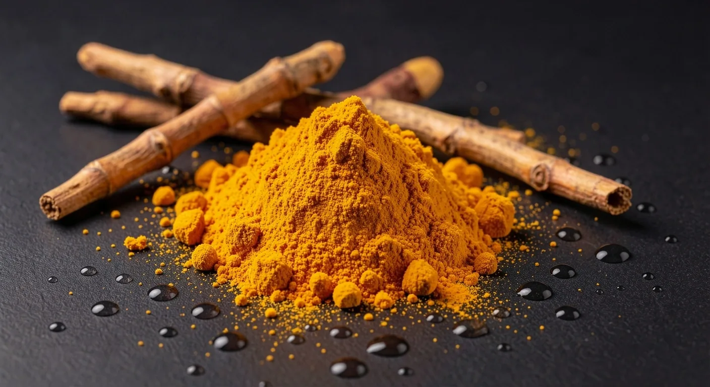 Macro view of turmeric root powder and dried botanical ingredients on a dark surface