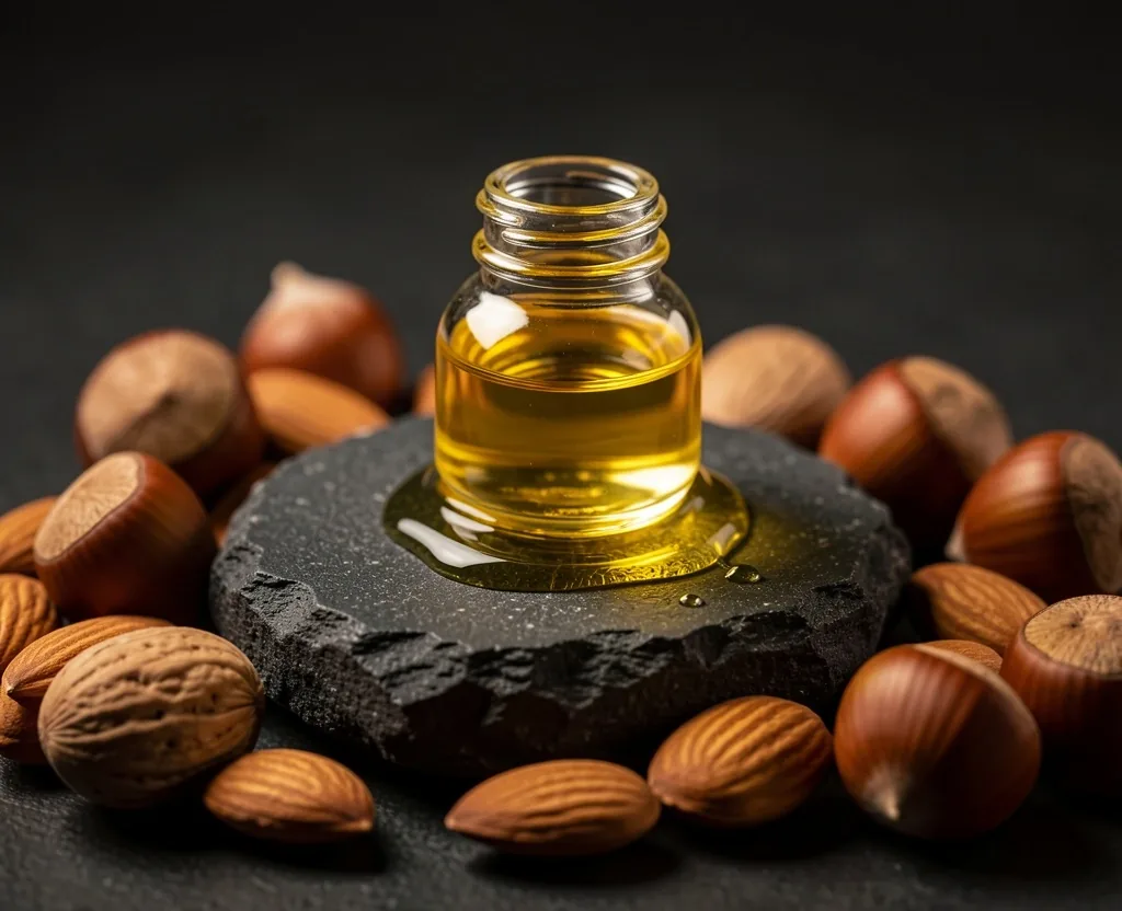 Macro view of vitamin E rich seeds and oil drops on a dark surface