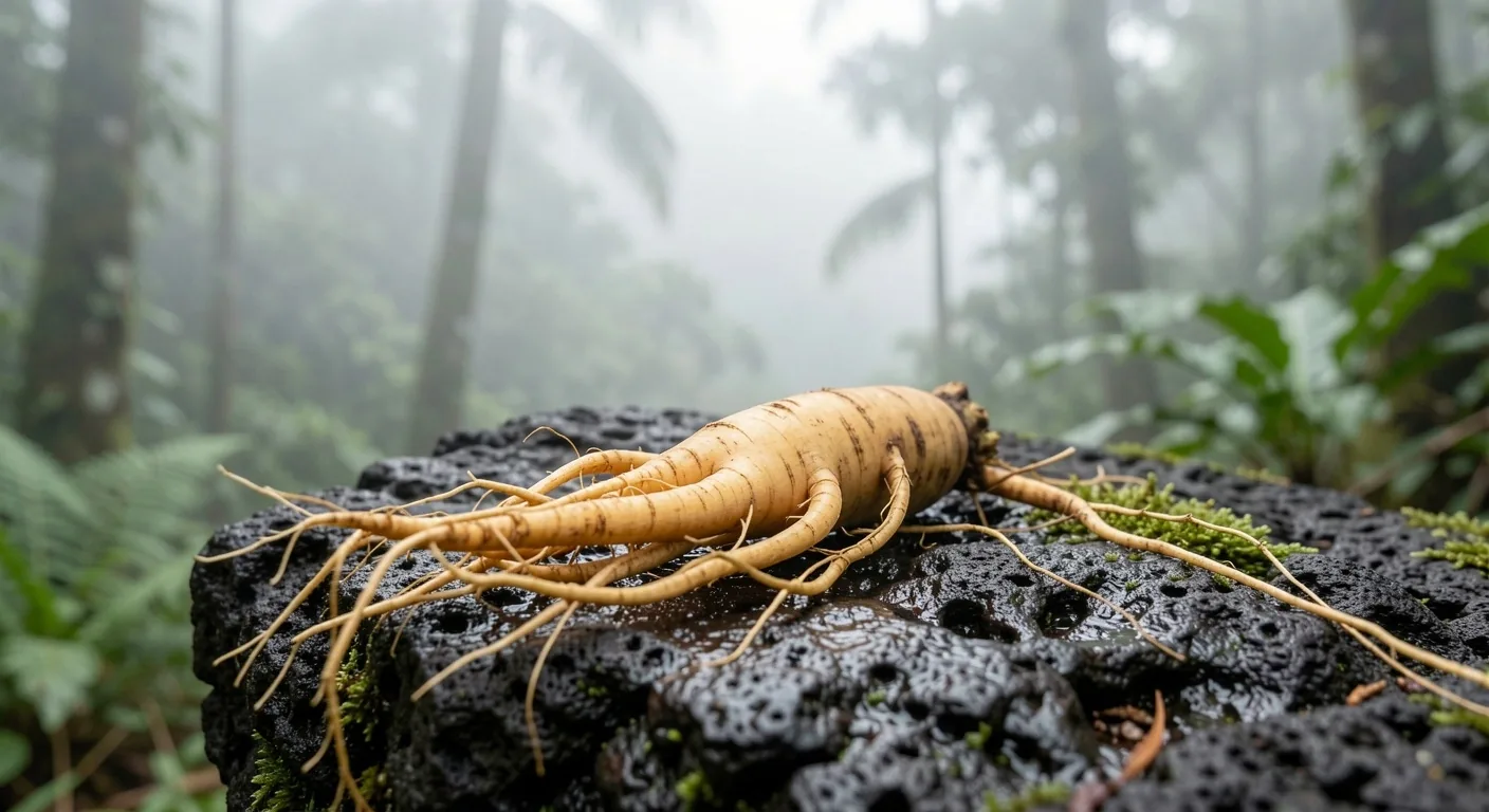 Macro ginseng root on wet stone